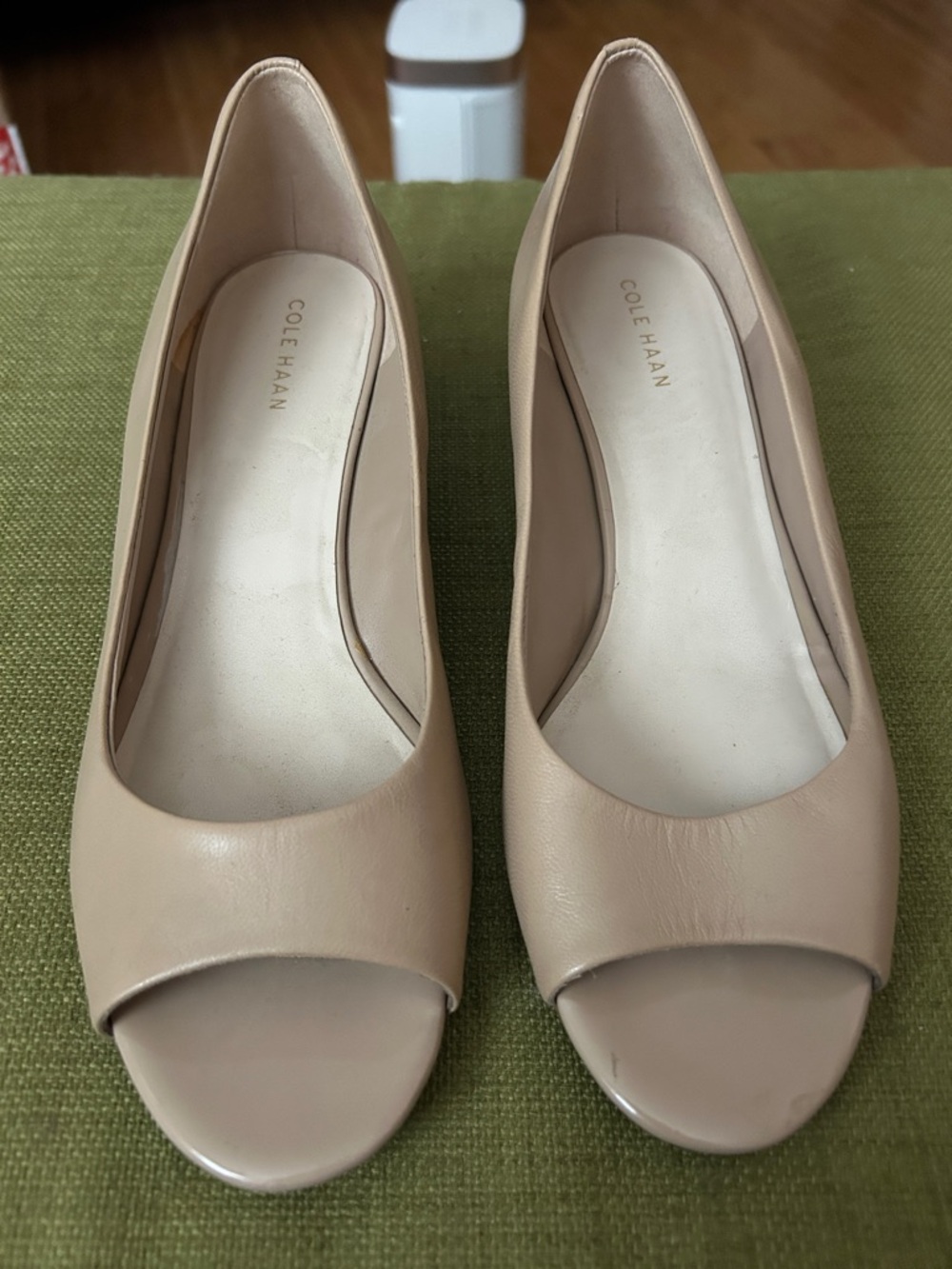 Cole Haan Nude Beige Leather Peep-Toe Wedges